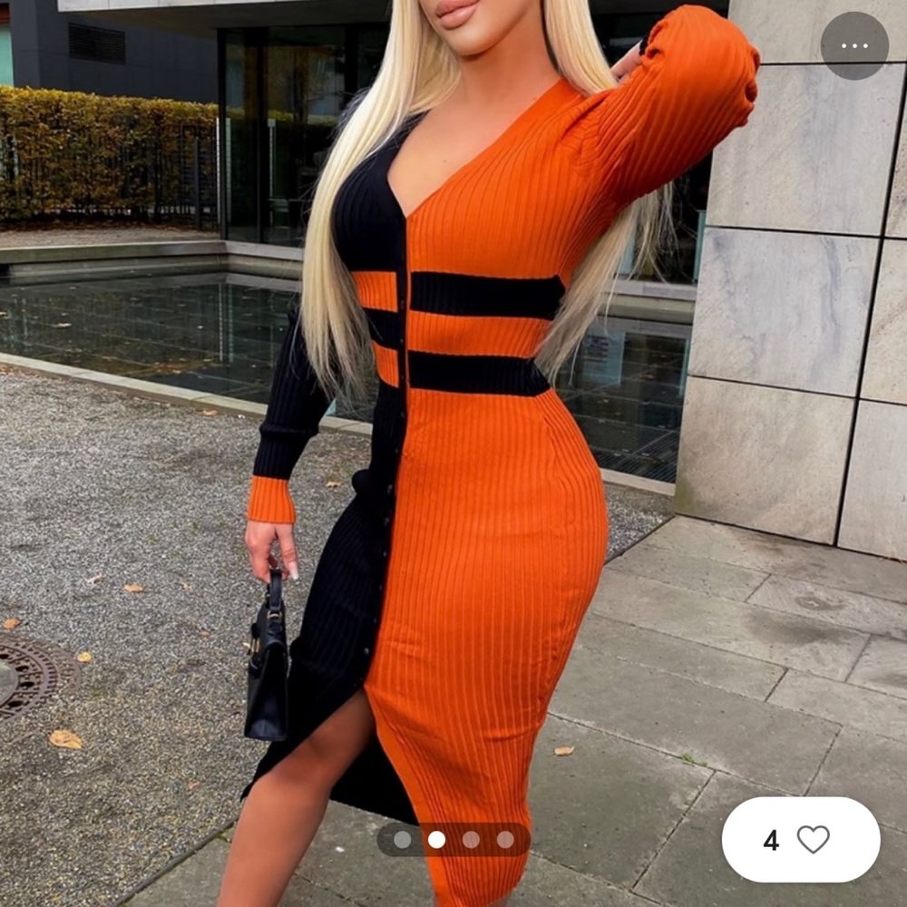 NWT Fashion Nova Orange Black Ribbed Bodycon Maxi Dress Size L